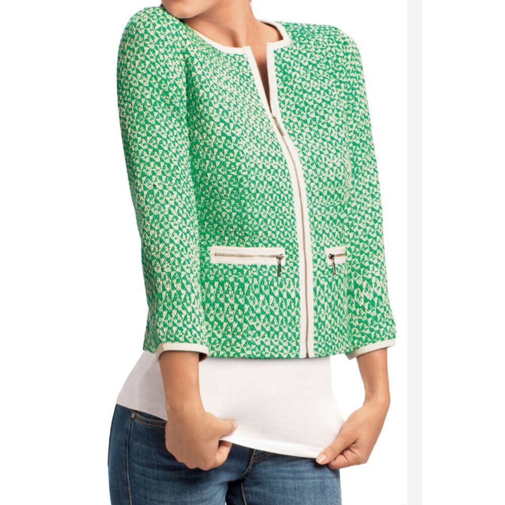 🍏 Cabi Green Tweed Zip-Front Crop Jacket | Womens Size 6